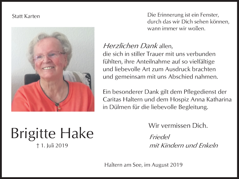  Traueranzeige für Brigitte Hake vom 17.08.2019 aus Ruhr Nachrichten und Halterner Zeitung