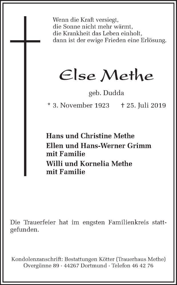  Traueranzeige für Else Methe vom 06.08.2019 aus Ruhr Nachrichten