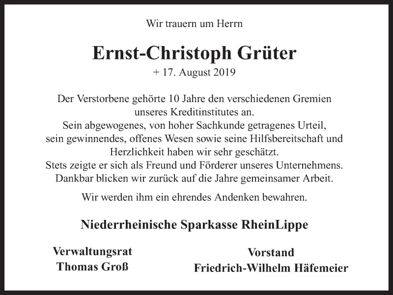  Traueranzeige für Ernst-Christoph Grüter vom 21.08.2019 aus Ruhr Nachrichten und Dorstener Zeitung