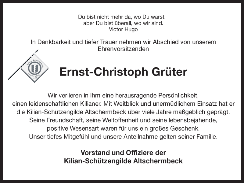  Traueranzeige für Ernst-Christoph Grüter vom 20.08.2019 aus Ruhr Nachrichten und Dorstener Zeitung