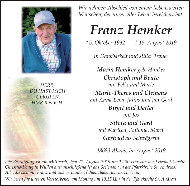  Traueranzeige für Franz Hemker vom 17.08.2019 aus Münstersche Zeitung und Münsterland Zeitung