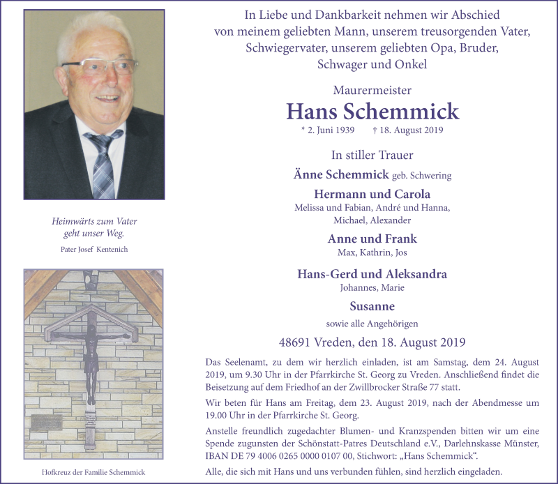  Traueranzeige für Hans Schemmick vom 20.08.2019 aus Münstersche Zeitung und Münsterland Zeitung