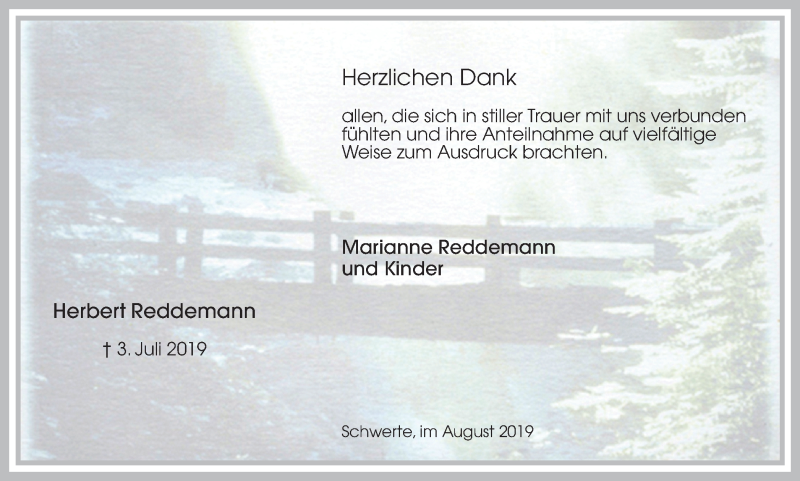  Traueranzeige für Herbert Reddemann vom 07.08.2019 aus Ruhr Nachrichten