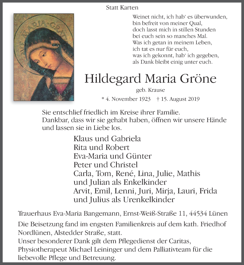  Traueranzeige für Hildegard Maria Gröne vom 22.08.2019 aus Ruhr Nachrichten