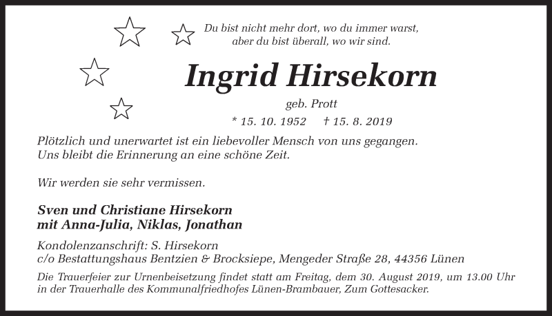  Traueranzeige für Ingrid Hirsekorn vom 24.08.2019 aus Ruhr Nachrichten