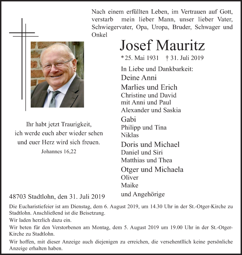  Traueranzeige für Josef Mauritz vom 03.08.2019 aus Münstersche Zeitung und Münsterland Zeitung