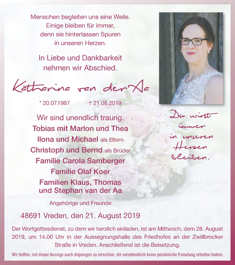  Traueranzeige für Katharina van der Aa vom 24.08.2019 aus Münstersche Zeitung und Münsterland Zeitung