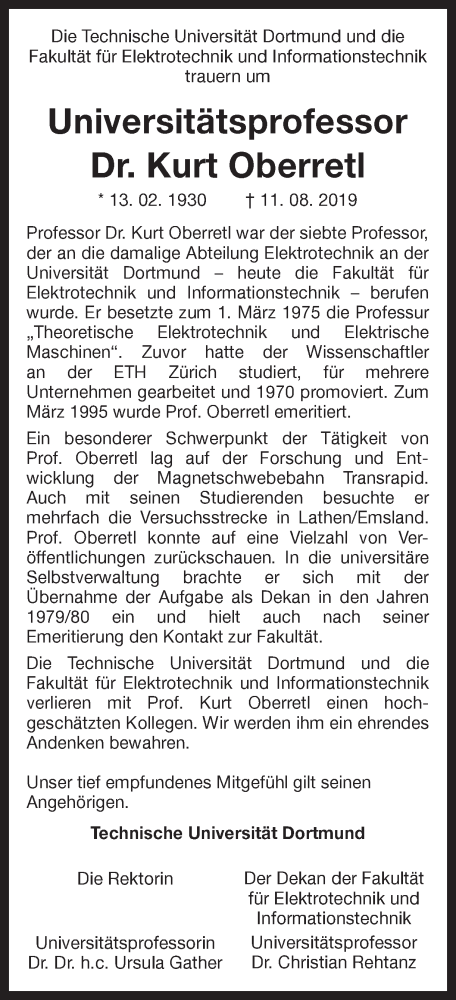  Traueranzeige für Kurt Oberretl vom 17.08.2019 aus Ruhr Nachrichten