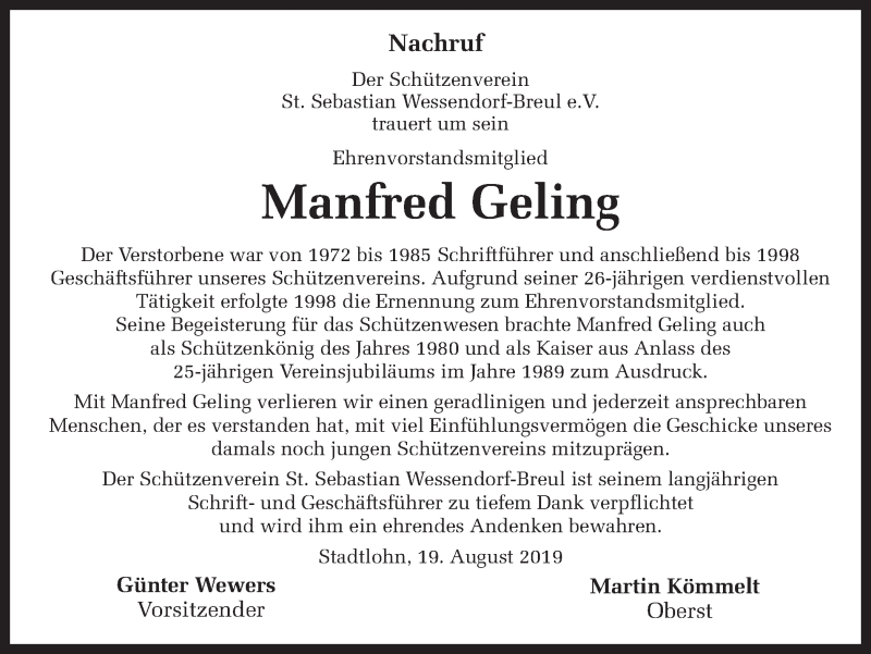  Traueranzeige für Manfred Geling vom 19.08.2019 aus Münstersche Zeitung und Münsterland Zeitung