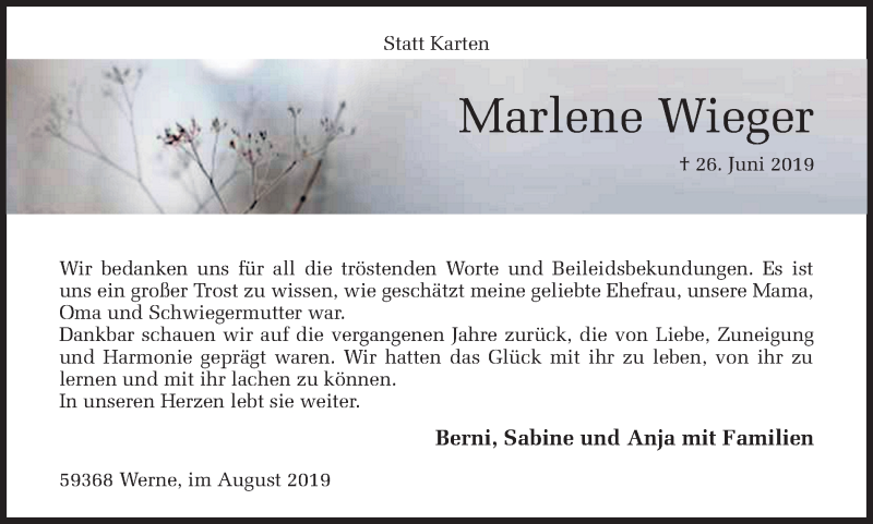  Traueranzeige für Marlene Wieger vom 10.08.2019 aus Ruhr Nachrichten