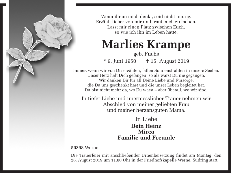  Traueranzeige für Marlies Krampe vom 20.08.2019 aus Ruhr Nachrichten