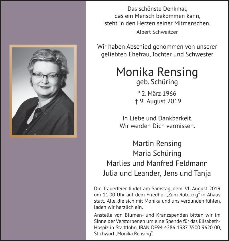  Traueranzeige für Monika Rensing vom 21.08.2019 aus Münstersche Zeitung und Münsterland Zeitung