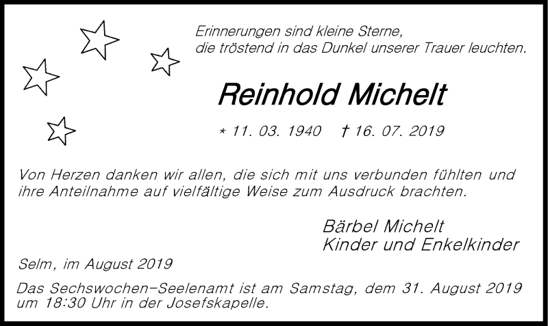 Traueranzeige für Reinhold Michelt vom 24.08.2019 aus Ruhr Nachrichten