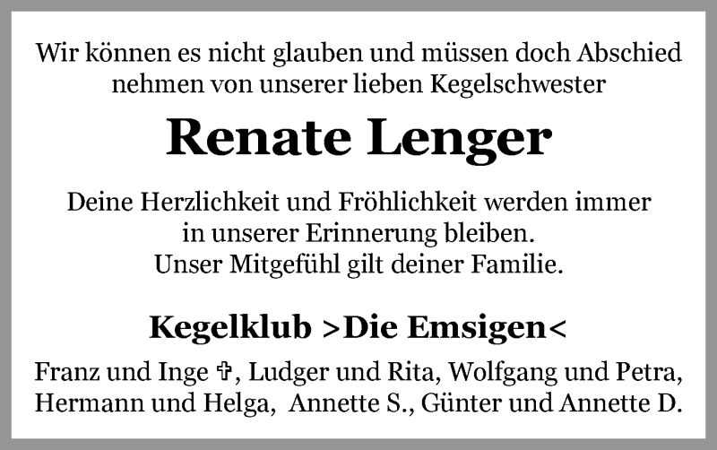  Traueranzeige für Renate Lenger vom 13.08.2019 aus Münstersche Zeitung und Münsterland Zeitung