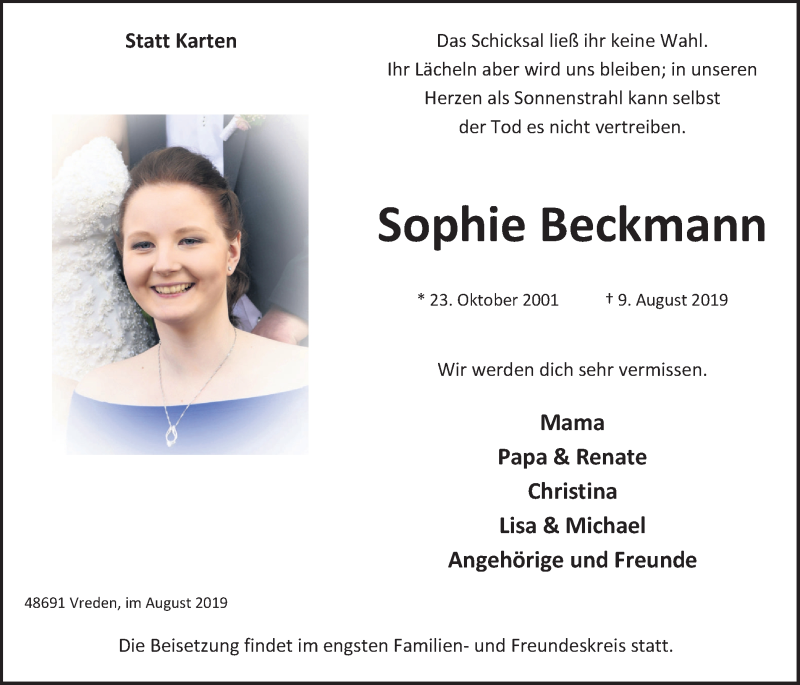  Traueranzeige für Sophie Beckmann vom 14.08.2019 aus Münstersche Zeitung und Münsterland Zeitung