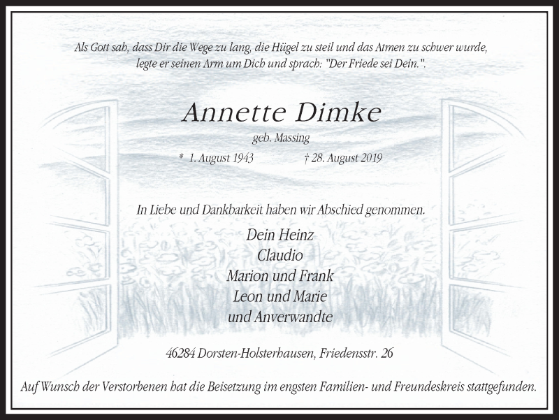  Traueranzeige für Annette Dimke vom 07.09.2019 aus Ruhr Nachrichten und Dorstener Zeitung
