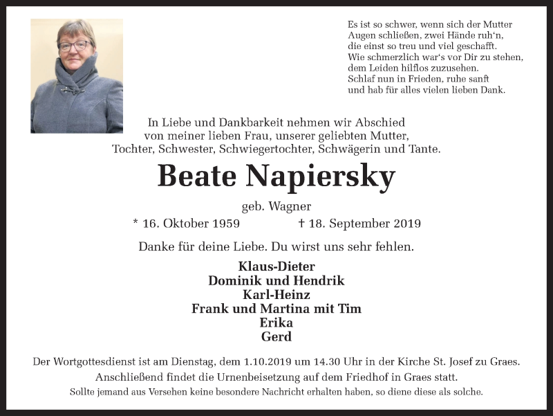  Traueranzeige für Beate Napiersky vom 26.09.2019 aus Münstersche Zeitung und Münsterland Zeitung