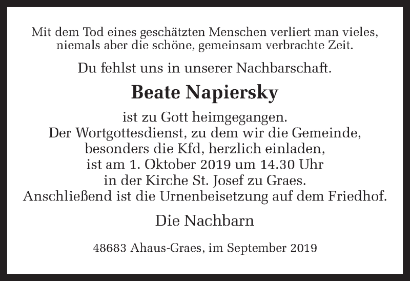  Traueranzeige für Beate Napiersky vom 27.09.2019 aus Münstersche Zeitung und Münsterland Zeitung