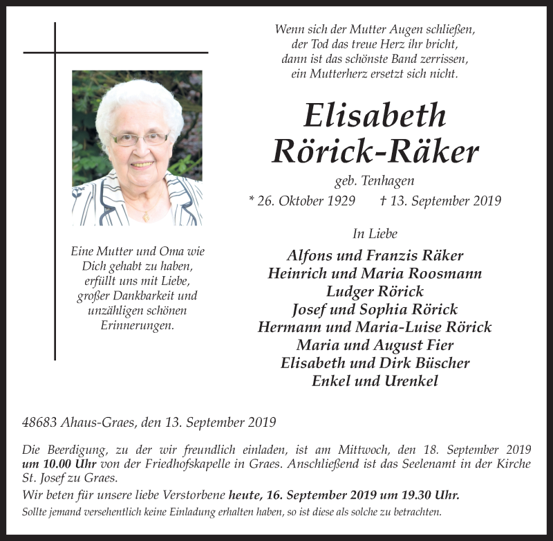  Traueranzeige für Elisabeth Rörick-Räker vom 16.09.2019 aus Münstersche Zeitung und Münsterland Zeitung