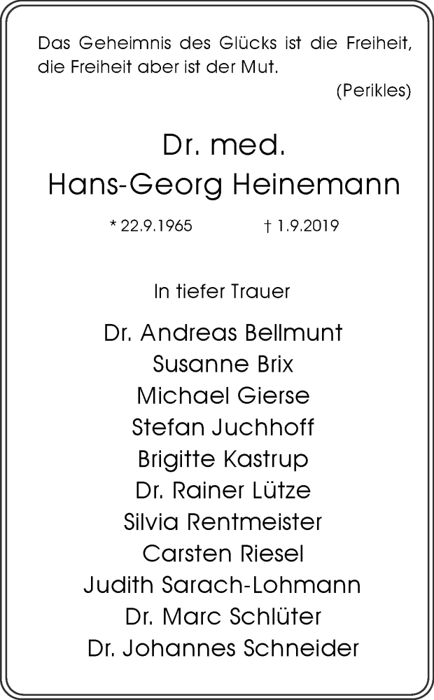  Traueranzeige für Hans-Georg Heinemann vom 07.09.2019 aus Ruhr Nachrichten