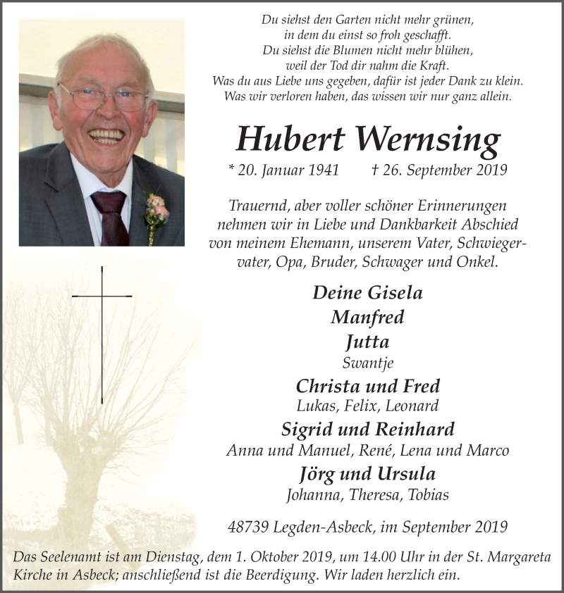  Traueranzeige für Hubert Wernsing vom 28.09.2019 aus Münstersche Zeitung und Münsterland Zeitung