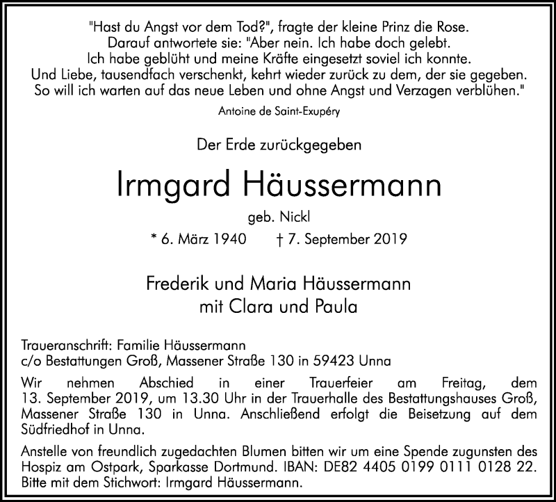  Traueranzeige für Irmgard Häussermann vom 10.09.2019 aus Hellweger Anzeiger