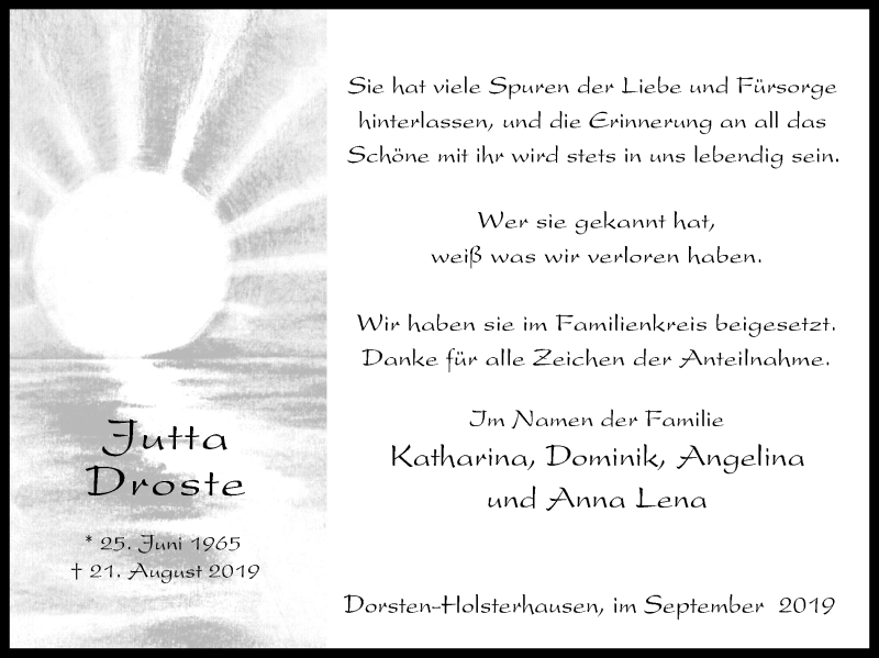  Traueranzeige für Jutta Droste vom 20.09.2019 aus Ruhr Nachrichten und Dorstener Zeitung