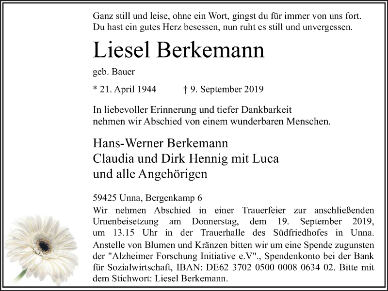  Traueranzeige für Liesel Berkemann vom 13.09.2019 aus Hellweger Anzeiger
