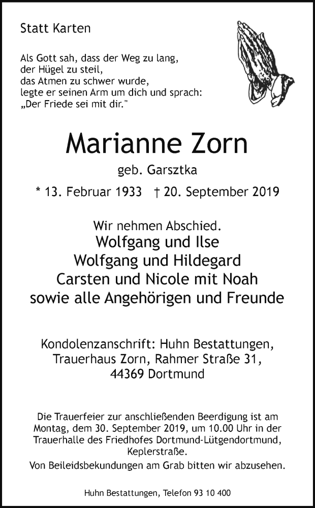  Traueranzeige für Marianne Zorn vom 28.09.2019 aus Ruhr Nachrichten