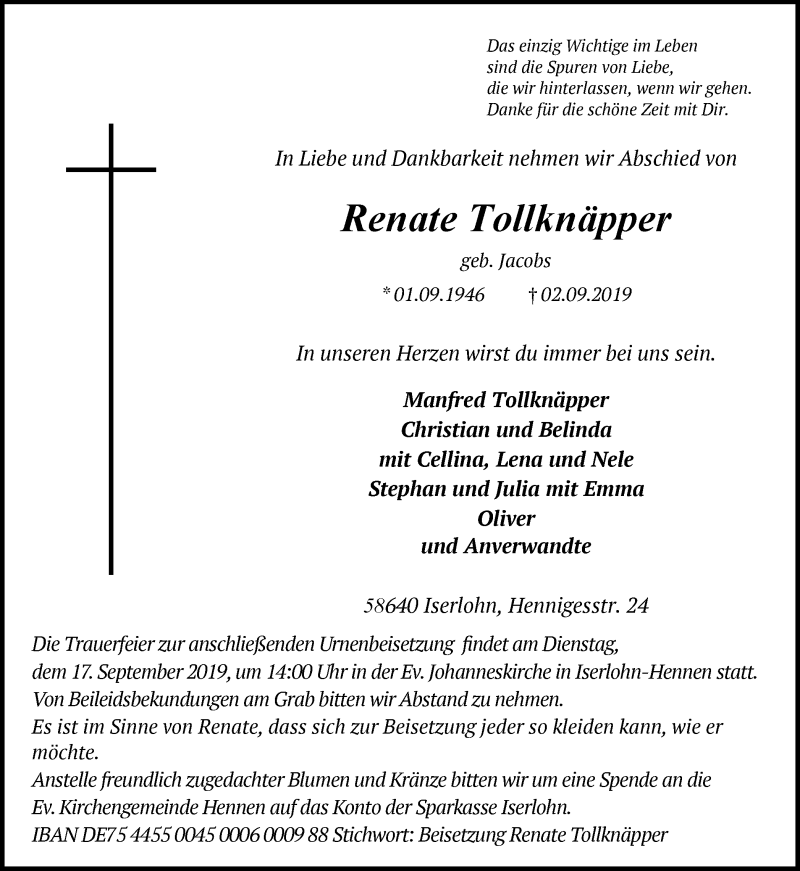  Traueranzeige für Renate Tollknäpper vom 07.09.2019 aus Ruhr Nachrichten