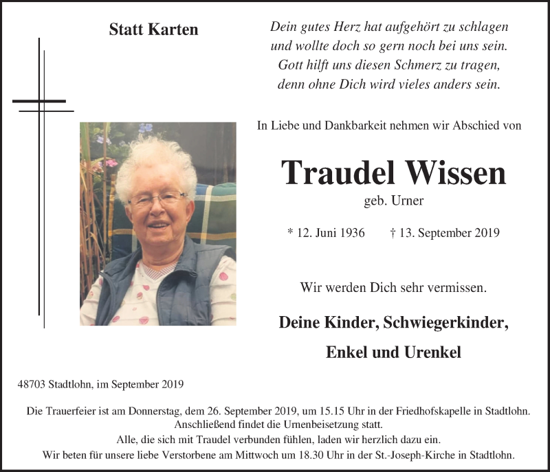  Traueranzeige für Traudel Wissen vom 23.09.2019 aus Münstersche Zeitung und Münsterland Zeitung