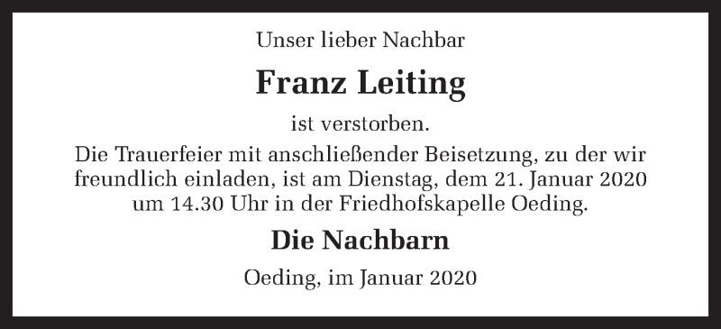  Traueranzeige für Franz Leiting vom 20.01.2020 aus Münstersche Zeitung und Münsterland Zeitung