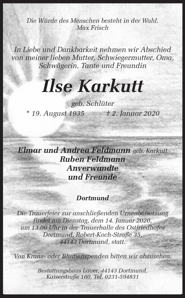  Traueranzeige für Ilse Karkutt vom 08.01.2020 aus Ruhr Nachrichten