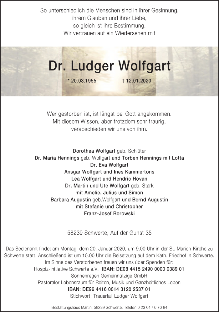  Traueranzeige für Ludger Wolfgart vom 15.01.2020 aus Ruhr Nachrichten
