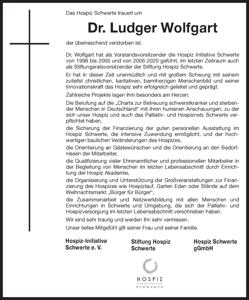  Traueranzeige für Ludger Wolfgart vom 15.01.2020 aus Ruhr Nachrichten