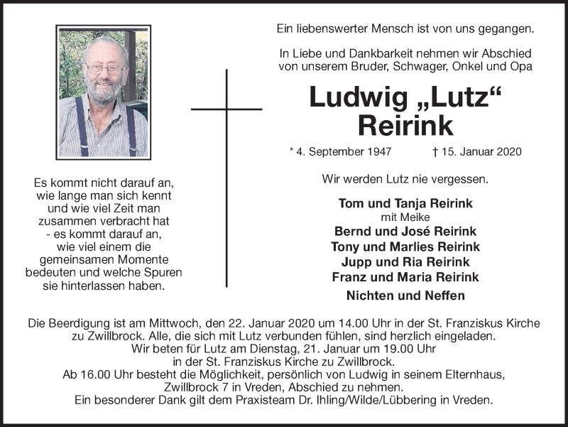  Traueranzeige für Ludwig Reirink vom 18.01.2020 aus Münstersche Zeitung und Münsterland Zeitung