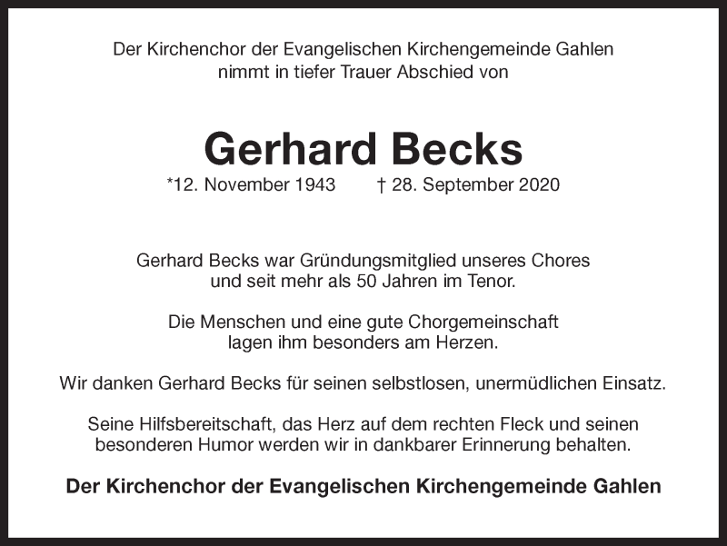  Traueranzeige für Gerhard Becks vom 02.10.2020 aus Ruhr Nachrichten und Dorstener Zeitung