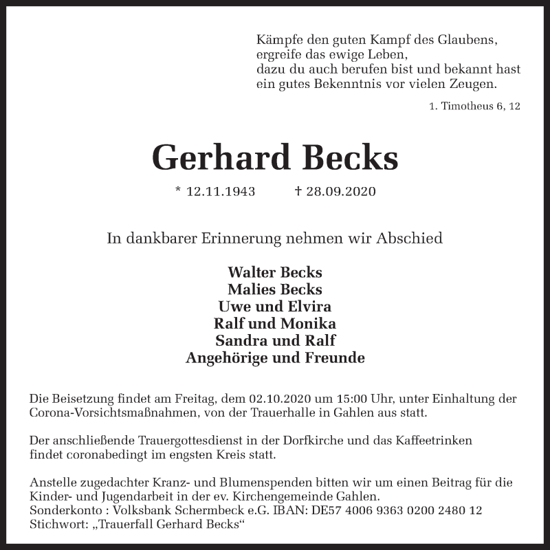  Traueranzeige für Gerhard Becks vom 01.10.2020 aus 