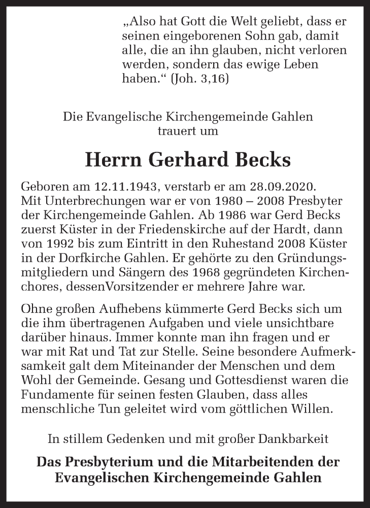  Traueranzeige für Gerhard Becks vom 02.10.2020 aus Ruhr Nachrichten und Dorstener Zeitung