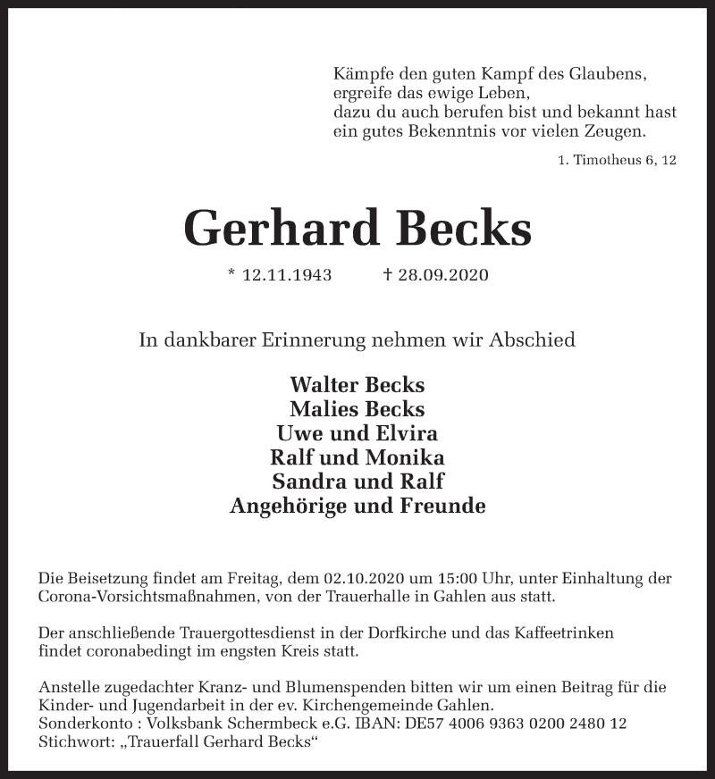  Traueranzeige für Gerhard Becks vom 01.10.2020 aus Ruhr Nachrichten und Dorstener Zeitung