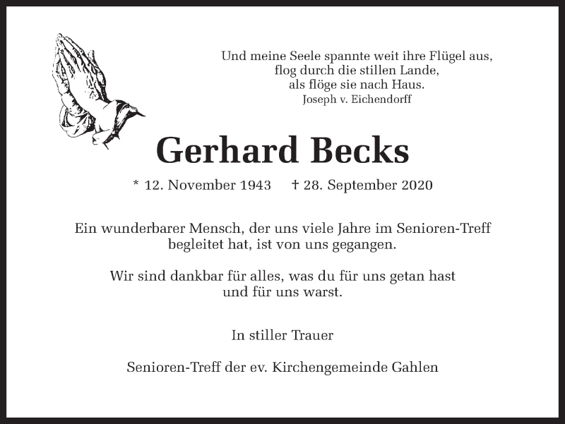  Traueranzeige für Gerhard Becks vom 06.10.2020 aus Ruhr Nachrichten und Dorstener Zeitung