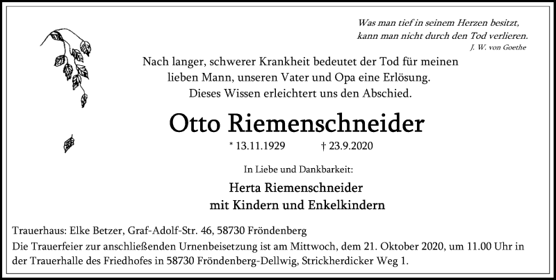  Traueranzeige für Otto Riemenschneider vom 10.10.2020 aus Hellweger Anzeiger