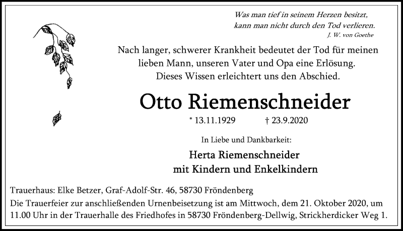  Traueranzeige für Otto Riemenschneider vom 10.10.2020 aus Ruhr Nachrichten