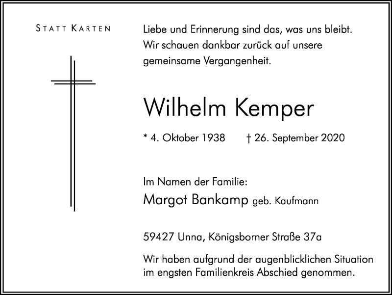 Traueranzeigen Von Wilhelm Kemper Sich Erinnern De