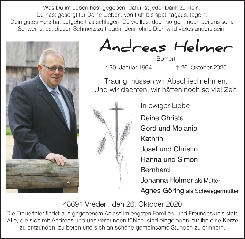  Traueranzeige für Andreas Helmer vom 29.10.2020 aus Münstersche Zeitung und Münsterland Zeitung