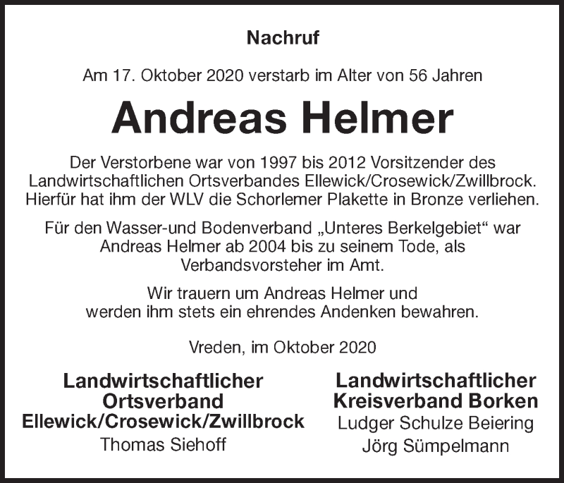  Traueranzeige für Andreas Helmer vom 30.10.2020 aus Münstersche Zeitung und Münsterland Zeitung