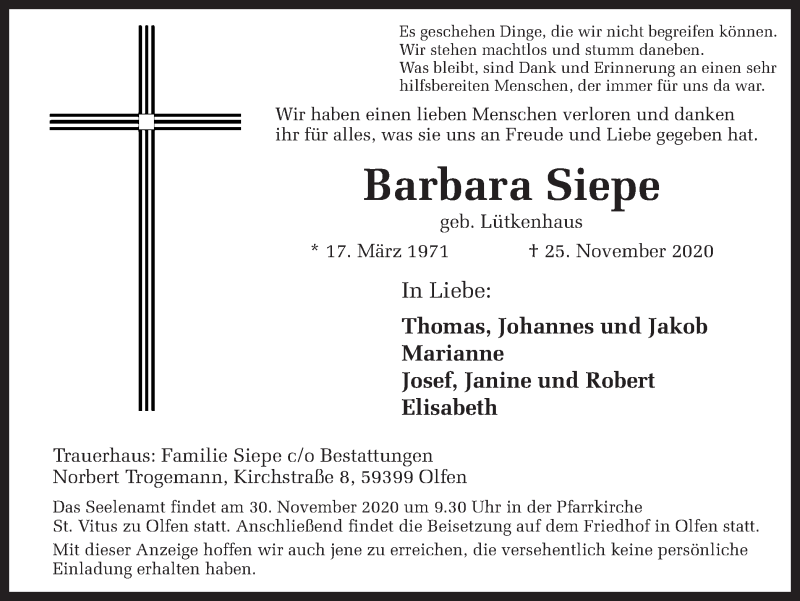  Traueranzeige für Barbara Siepe vom 27.11.2020 aus Ruhr Nachrichten