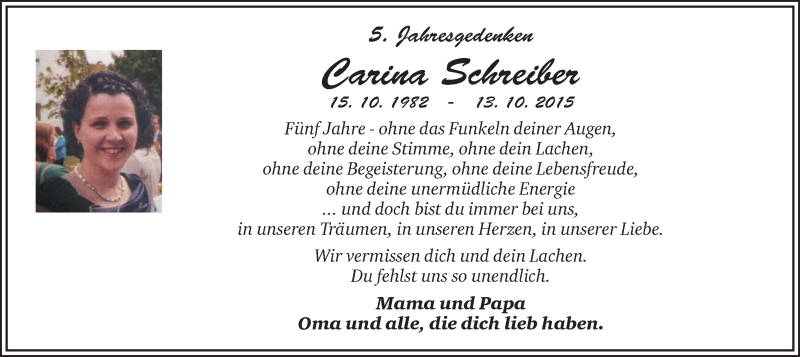  Traueranzeige für Carina Schreiber vom 13.10.2020 aus Ruhr Nachrichten