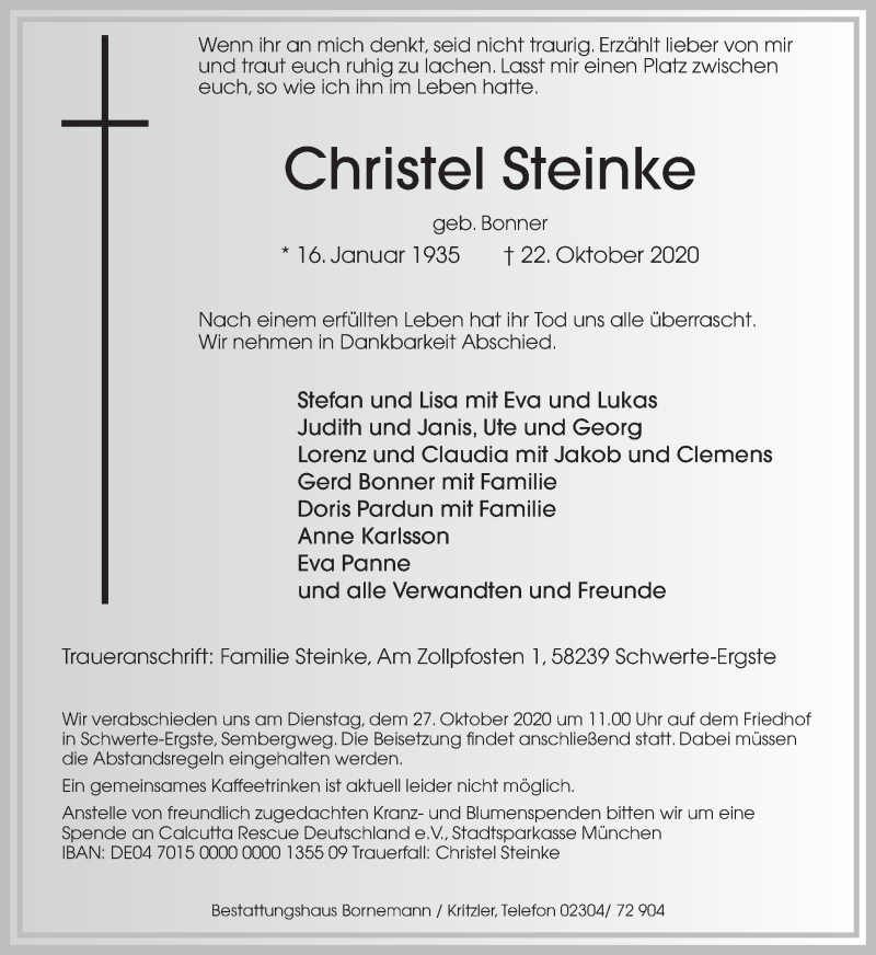 Traueranzeige für Christel Steinke vom 24.10.2020 aus Ruhr Nachrichten