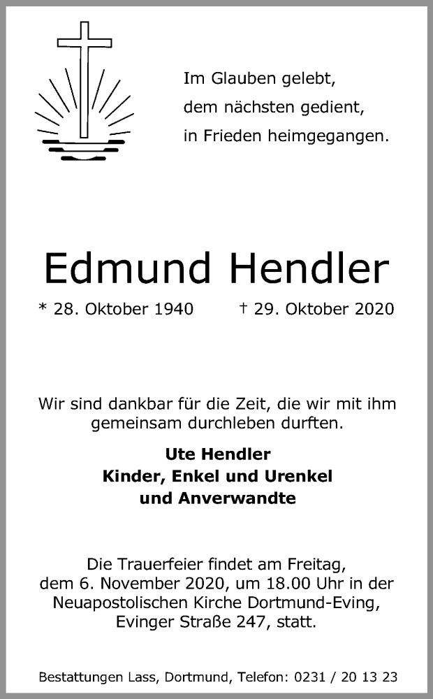  Traueranzeige für Edmund Hendler vom 31.10.2020 aus Ruhr Nachrichten